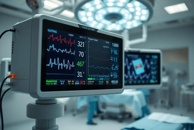 Operating room scene with patient monitoring equipment. Close-up of medical monitors displaying vital signs in a sterile, blue-lit surgical environment. Healthcare, medical technology, and hospital setting.