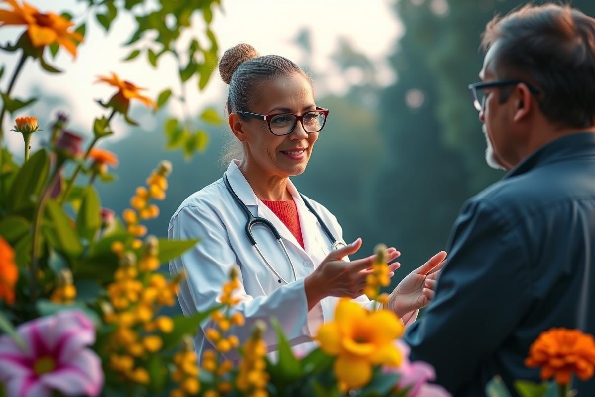A physician in a clinic setting, engaged in conversation with a patient. The environment is vibrant and naturalistic with flowers in the background.