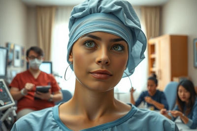 The image depicts a woman in a hospital environment, dressed in a blue surgical gown. She is looking directly at the camera with a focused expression, suggesting she may be involved in a medical procedure or assessment. Other healthcare professionals are present in the background of the image, indicating this setting is likely an operating room or a similar clinical space.