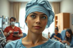 The image depicts a woman in a hospital environment, dressed in a blue surgical gown. She is looking directly at the camera with a focused expression, suggesting she may be involved in a medical procedure or assessment. Other healthcare professionals are present in the background of the image, indicating this setting is likely an operating room or a similar clinical space.