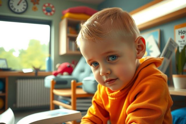 This image features a young boy with blonde hair. He is sitting in what appears to be a room with a desk and chairs, suggesting an indoor setting. The boy is looking slightly away from the camera, giving a contemplative or curious expression. His clothing includes an orange top which stands out against his pale skin.