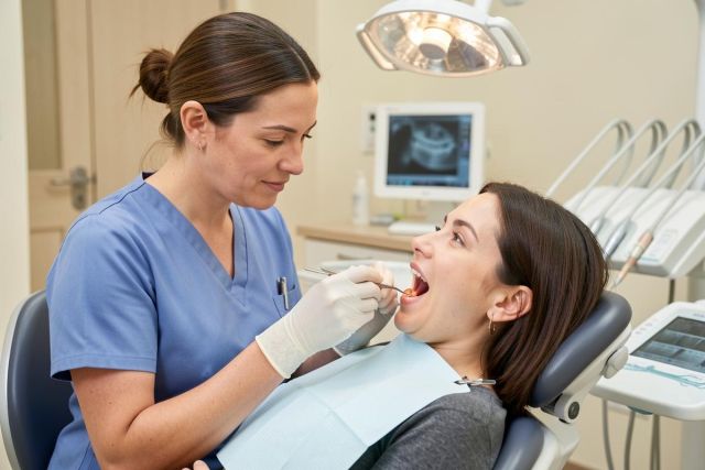 Dentist in scrubs examining a reclining patient's open mouth during an oral exam under the overhead light.