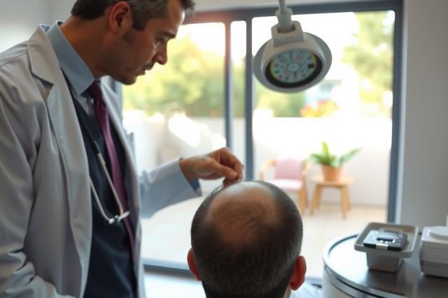 Doctor examining a patient in a medical office. Close-up view with a focus on the patient's head. White coat, stethoscope, and medical equipment visible. Healthcare setting with natural light.