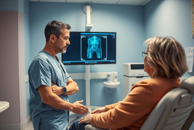 Doctor discussing X-ray results with a patient in a medical consultation room. Blue walls and modern equipment create a clinical setting. Focus on healthcare, diagnosis, and patient care.