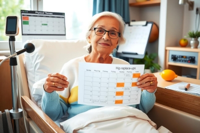 The image shows an elderly woman in a hospital setting. She is sitting comfortably in a hospital bed, smiling and holding what appears to be a medical schedule or chart.