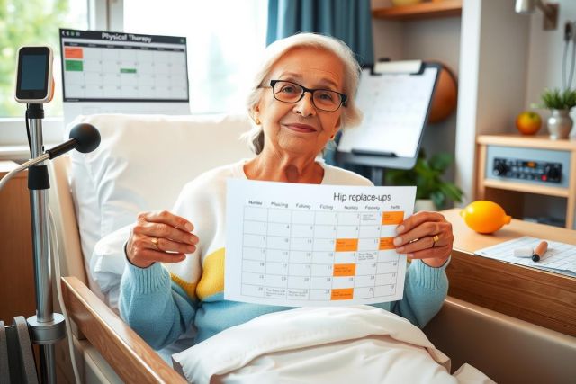 The image shows an elderly woman in a hospital setting. She is sitting comfortably in a hospital bed, smiling and holding what appears to be a medical schedule or chart.