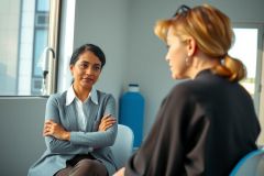 Two women in a business setting, one wearing a blue sweater and the other a black top, engaged in a conversation. The environment appears to be a modern office with a window in the background. 