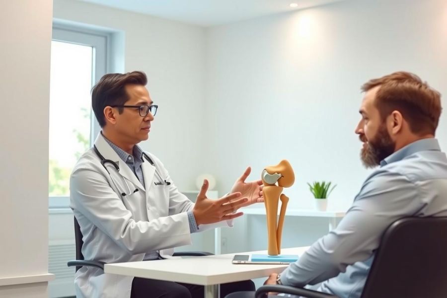Doctor examining patient in a medical office. Consultation setting with anatomical model visible. Healthcare professional discussing diagnosis or treatment.