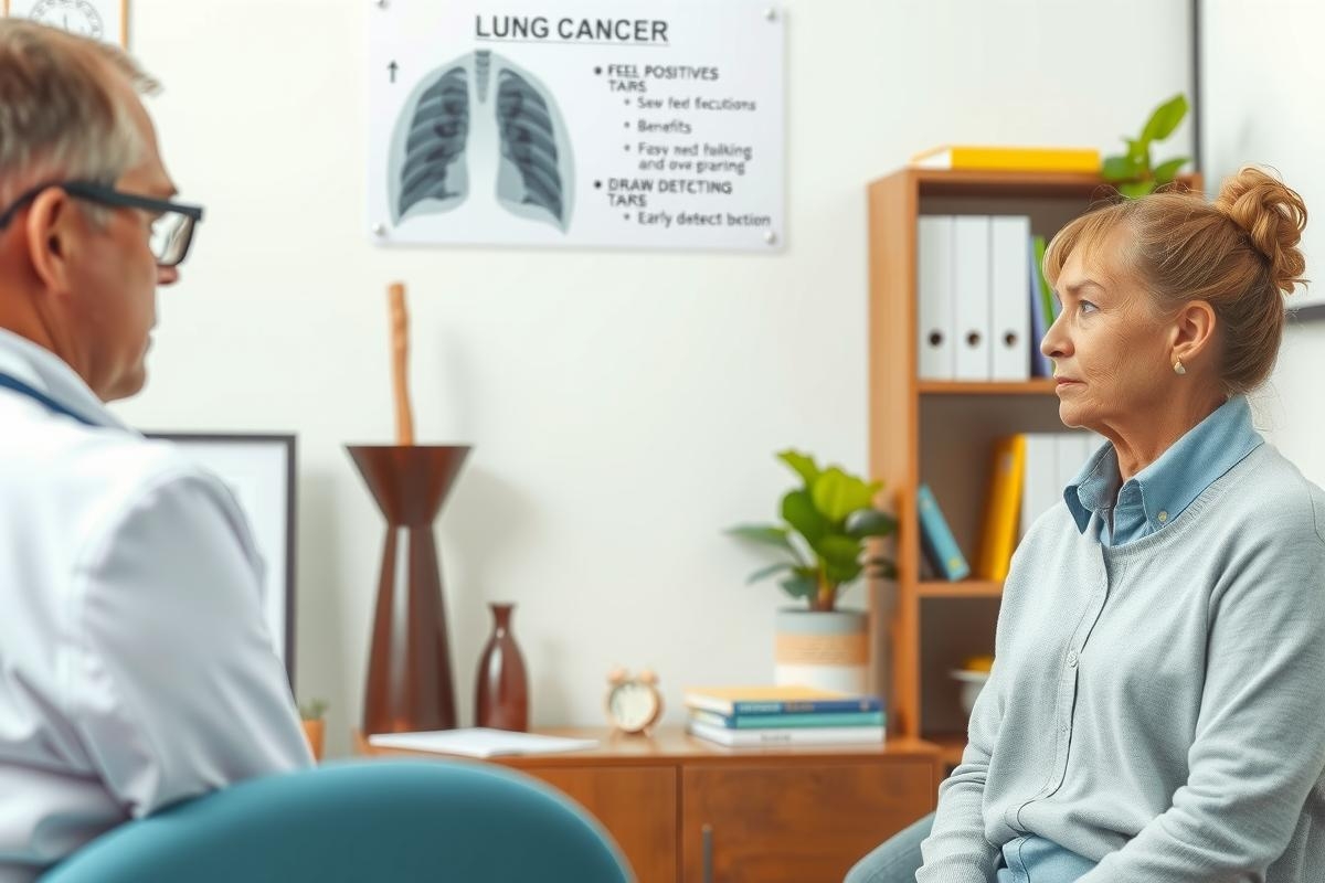 A medical office setting with a male doctor and female patient. The man is seated behind a desk, while the woman is sitting on the other side. They are engaged in conversation, possibly discussing health matters. Office environment has clinical furnishings like an examination table in the background.