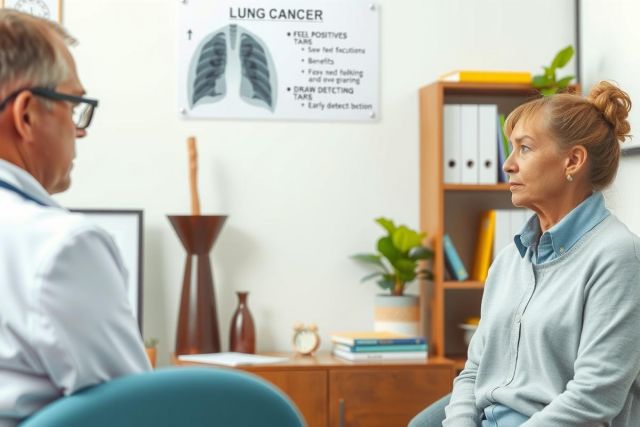 A medical office setting with a male doctor and female patient. The man is seated behind a desk, while the woman is sitting on the other side. They are engaged in conversation, possibly discussing health matters. Office environment has clinical furnishings like an examination table in the background.