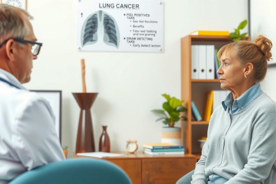 A medical office setting with a male doctor and female patient. The man is seated behind a desk, while the woman is sitting on the other side. They are engaged in conversation, possibly discussing health matters. Office environment has clinical furnishings like an examination table in the background.