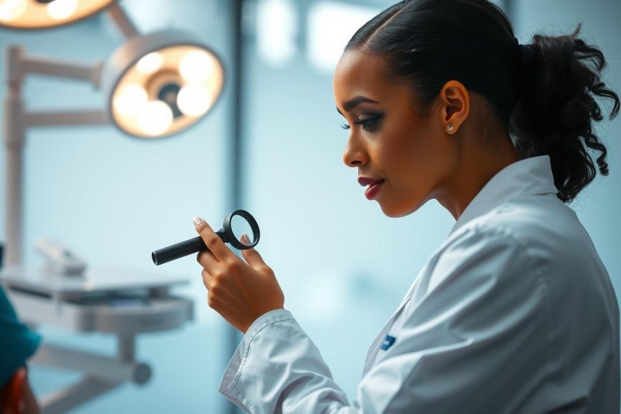 A female doctor in a white coat examines a patient with an otoscope. The scene takes place in a brightly lit medical office, emphasizing healthcare and patient care.