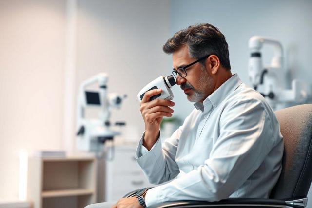 Dentist examining a patient's teeth with a handheld dental microscope in a modern, bright dental office. The man in glasses wears a white shirt and focuses intently. Professional dental care and precision dentistry are highlighted in this clinical setting.