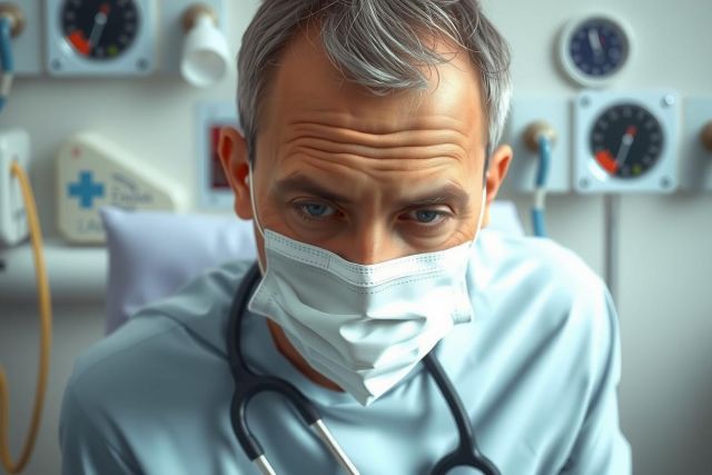 A healthcare professional wearing a surgical mask in a hospital setting, examining a patient. The environment is filled with medical equipment and supplies, highlighting the serious nature of the situation.