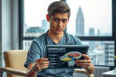 The image shows a young man sitting at a desk indoors, holding an electronic tablet. He is focused on the screen of the device which displays medical imaging or instructions related to a surgical procedure. The setting suggests a clinical or professional environment, potentially in preparation for a medical consultation or examination.