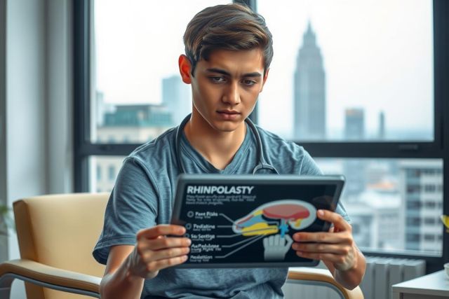 The image shows a young man sitting at a desk indoors, holding an electronic tablet. He is focused on the screen of the device which displays medical imaging or instructions related to a surgical procedure. The setting suggests a clinical or professional environment, potentially in preparation for a medical consultation or examination.