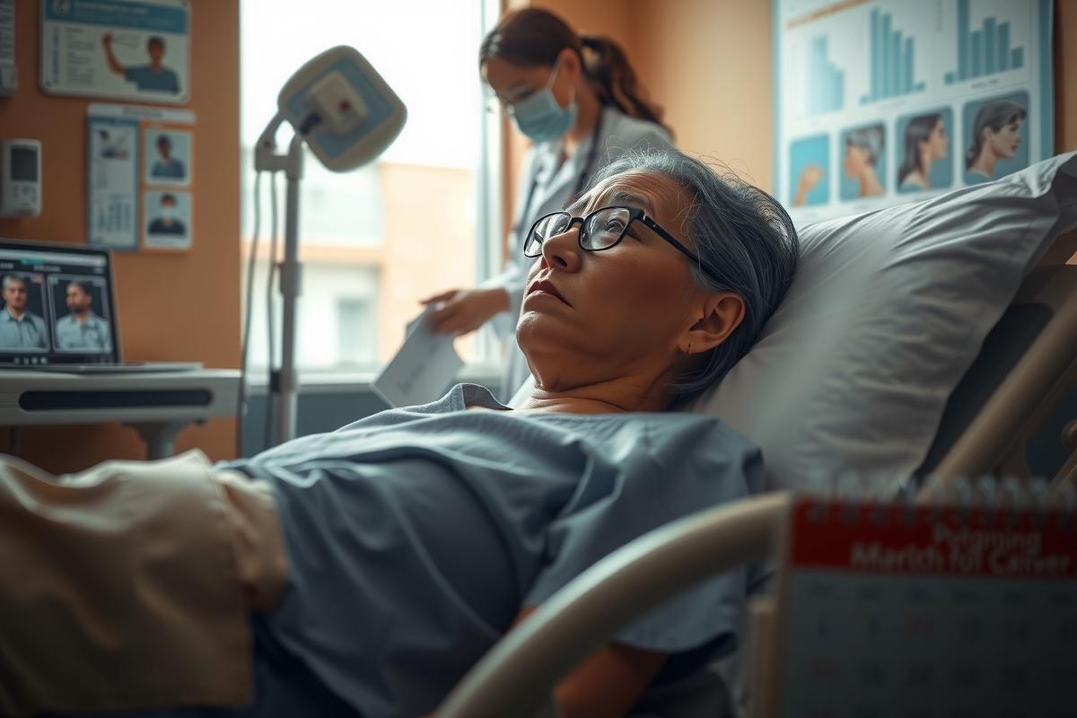 The image shows a hospital setting with an elderly woman lying on a medical bed. She is wearing glasses and appears to be in distress or concern. There is a healthcare professional attending her, taking notes or possibly administering treatment. 