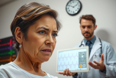 The image is a staged scene with two individuals in a clinical setting. The older person appears to be a patient, sitting and looking attentively at another individual who seems to be providing medical or health-related information. 