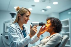 Optometrist examining a patient's eyes in a modern clinic. A female doctor in a white coat uses diagnostic equipment during an eye exam. Bright, clean environment with blue and white tones. Healthcare, vision care, and medical checkup concepts.