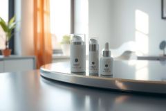 Skincare products on a sleek countertop. Featuring a white jar and bottle with colorful accents, the minimalist setup highlights clean beauty and a modern aesthetic. Soft lighting and a blurred background enhance the focus on the items.