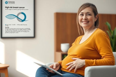 The image shows a woman sitting on a couch in an indoor setting. She appears to be engaged in some sort of work or communication, as evidenced by the fact that she is holding a tablet device and a clipboard with paperwork on it. The room has an office-like ambiance, with professional artwork on the wall that suggests a corporate or medical environment. Her smile is directed toward the camera, conveying positivity and confidence.