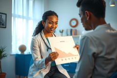 A doctor presents a graph to a patient in a brightly lit office. The healthcare professional wears a white coat and stethoscope, conveying a professional medical consultation setting.