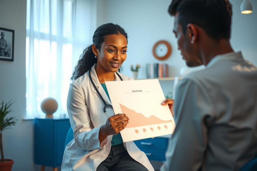 A doctor presents a graph to a patient in a brightly lit office. The healthcare professional wears a white coat and stethoscope, conveying a professional medical consultation setting.