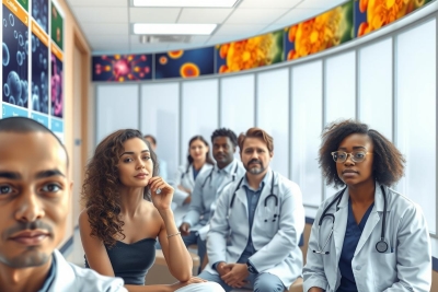 The image depicts a group of diverse individuals, possibly doctors or medical students, gathered in a classroom setting. They are seated on chairs facing towards the center where a presentation or teaching is taking place.