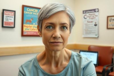 The image shows a woman with short, silver hair seated at a desk in what appears to be an office environment. She is wearing casual attire, which includes a gray shirt.