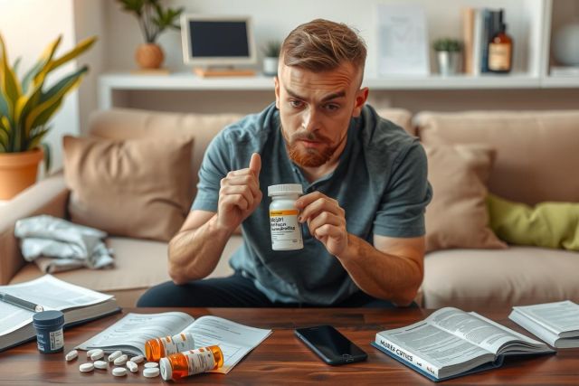 The image shows a man sitting on a couch, holding up a small bottle of medicine. He appears to be discussing or explaining the medication to someone off-camera. The setting seems to be a comfortable living room environment with various items scattered around him, including books and what looks like electronic devices. 