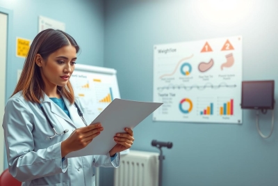 The image shows a young woman, likely a healthcare professional such as a nurse or doctor, focused on reading medical charts or files. She is in an office environment, possibly a hospital, indicated by the clinical setting with monitors and graphs showing patient data.