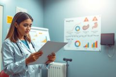 The image shows a young woman, likely a healthcare professional such as a nurse or doctor, focused on reading medical charts or files. She is in an office environment, possibly a hospital, indicated by the clinical setting with monitors and graphs showing patient data.