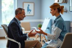 Doctor consults with a patient in a brightly lit clinic setting. The scene conveys a professional healthcare discussion with warm colors and a focus on patient care.