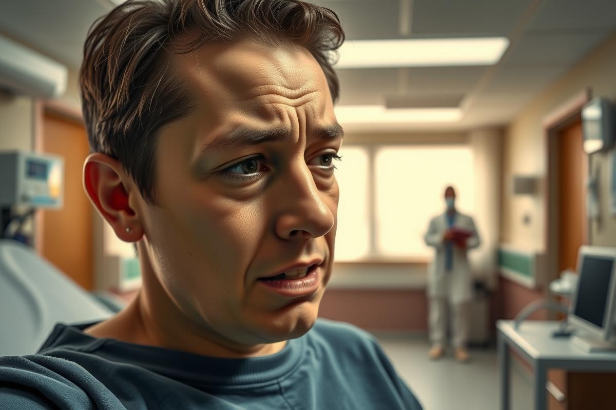 In the image, a man is seen in what appears to be a hospital setting. He is looking at something or someone with an expression of concern or worry on his face. The environment includes medical equipment such as a patient bed and various monitors indicating it could be a healthcare facility like a hospital.