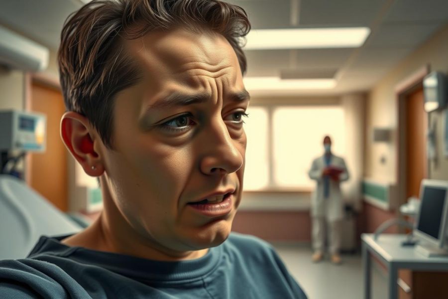 In the image, a man is seen in what appears to be a hospital setting. He is looking at something or someone with an expression of concern or worry on his face. The environment includes medical equipment such as a patient bed and various monitors indicating it could be a healthcare facility like a hospital.