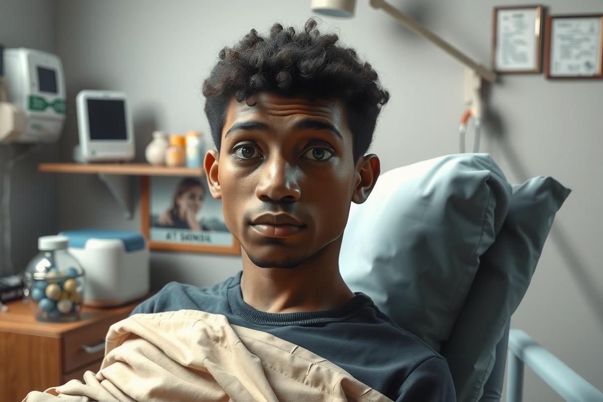 The image features a young man lying in a hospital bed. He is wearing a black t-shirt and has an attentive expression on his face, looking directly at the viewer.