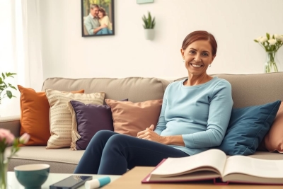 The image depicts a cheerful woman sitting on a couch with her feet propped up, holding what appears to be a book. She is smiling and seems relaxed in a comfortable home setting. The couch has colorful pillows and there are books scattered around, creating a cozy reading environment.