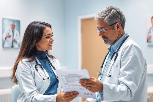 Two doctors, a man and a woman in white coats and stethoscopes, review medical documents in a bright, modern clinic. Healthcare professionals discussing patient records. Blue and white color scheme, professional medical setting.