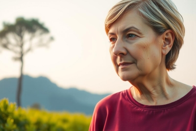The image shows an older woman standing in a vineyard. She is wearing a red top and her gaze is directed to the side, suggesting she might be looking at something outside of the frame. The background features a clear sky above lush green fields that indicate it's daytime.