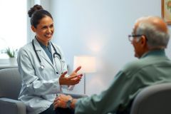 Doctor consults with patient in a modern office setting. Healthcare professional wearing a white coat, engaging in discussion with a senior man. Focus on medical consultation and patient care.