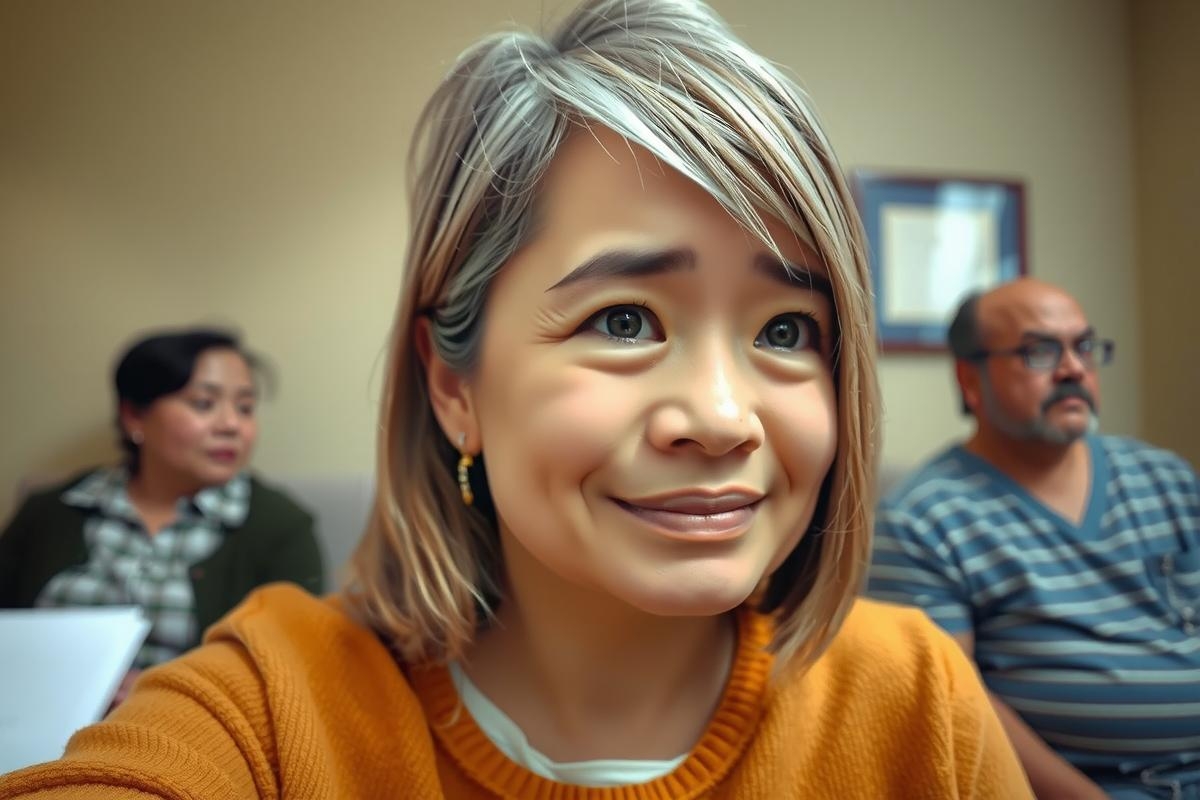 This is a color photograph of a young woman sitting in front of a group of people. The woman has short hair, and she appears to be looking sideways with an expression of surprise or mild confusion on her face. 