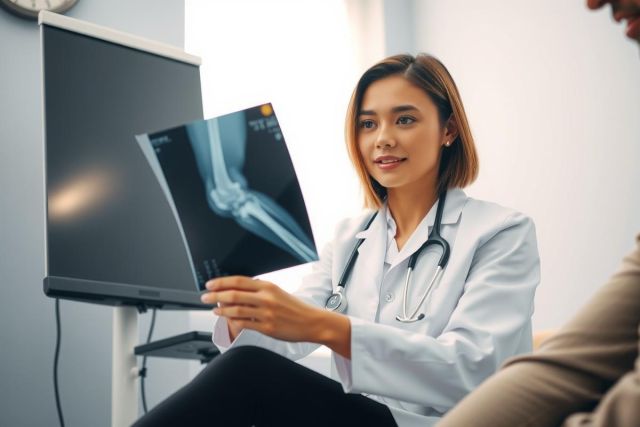 Doctor examining an x-ray in a clinic. Healthcare professional reviewing medical imaging with a patient. Diagnostic testing and medical consultation in a clinical setting.