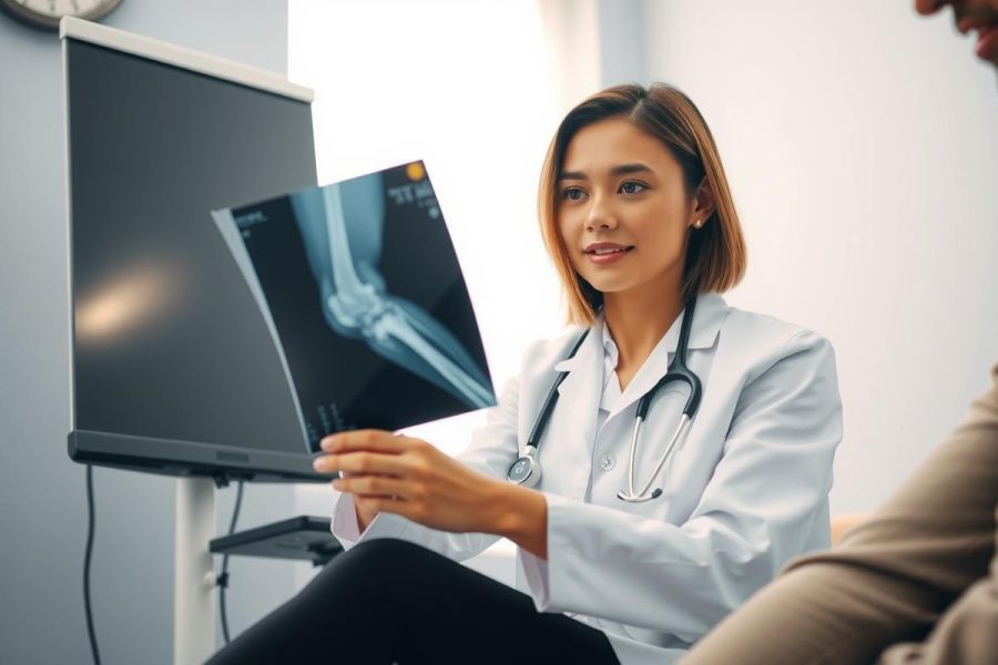 Doctor examining an x-ray in a clinic. Healthcare professional reviewing medical imaging with a patient. Diagnostic testing and medical consultation in a clinical setting.