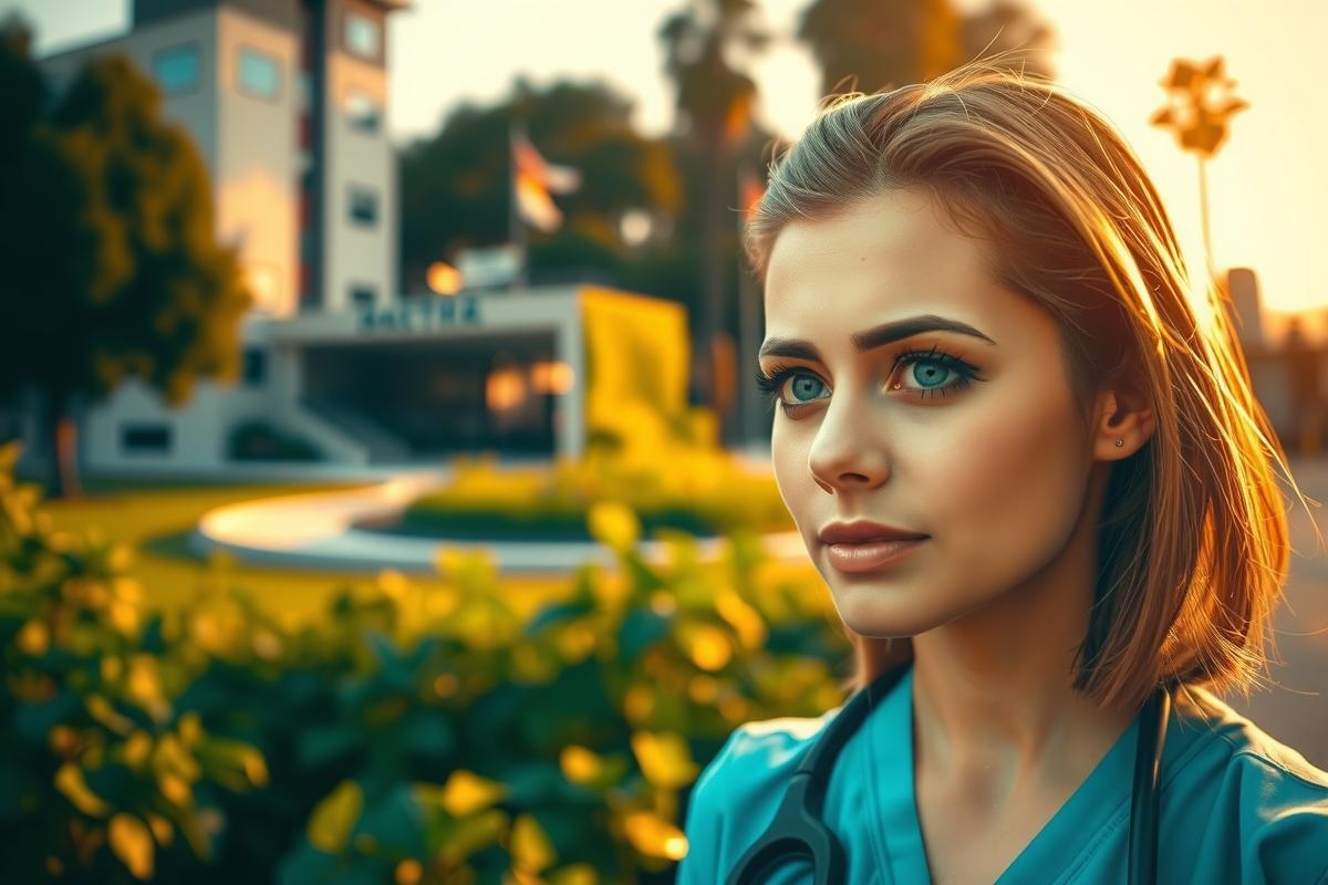 A young woman in a blue nurse's uniform looking towards the camera with a gentle expression, standing near a green garden area. The sun is setting behind palm trees, casting a warm glow on the scene.