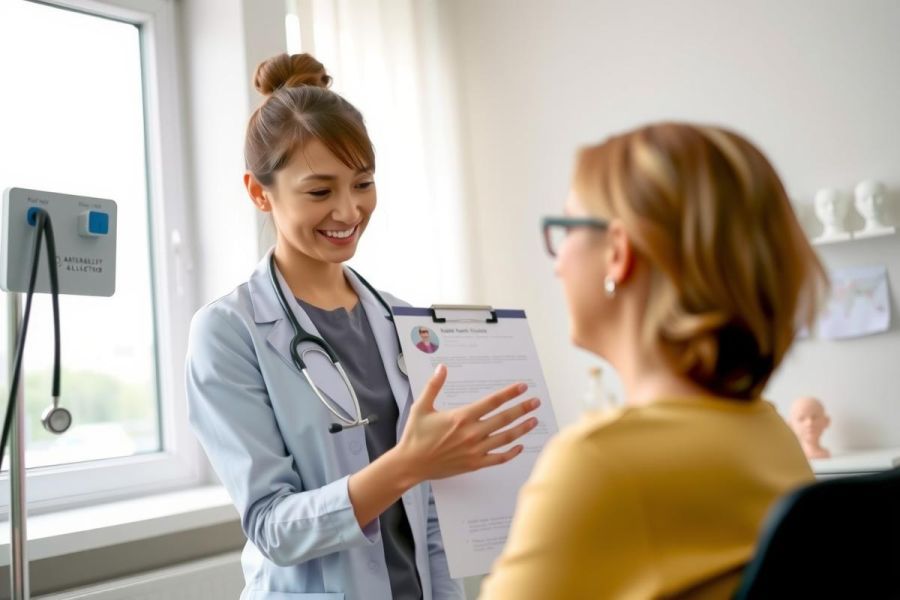 Doctor examining patient in clinic, holding clipboard. Healthcare professional consultation, medical checkup, patient care, doctor-patient relationship, clinical setting.