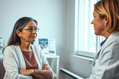 Doctor consults with a concerned patient in a bright, modern medical office. The image shows a healthcare professional speaking with a woman wearing glasses, suggesting a medical discussion or appointment. Warm, neutral tones and a focus on patient care.