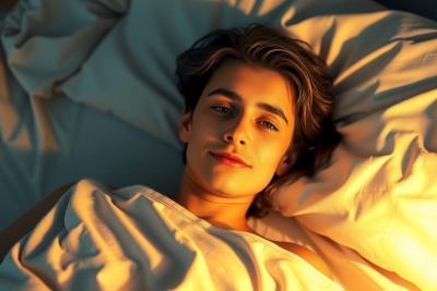 The image shows a young adult male lying in bed. He appears relaxed, with blonde hair and a calm expression on his face. The room is warmly lit, likely by sunlight coming from windows not visible in the frame, creating an inviting atmosphere.