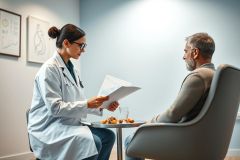 Doctor consults with a patient in a modern clinic. A female physician wearing a white coat reviews medical charts with a mature man. The setting features a neutral color palette with gray walls and chairs, conveying a professional healthcare environment.