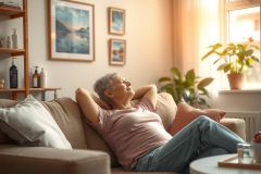 This image depicts an older person relaxing on a couch in a bright, well-lit room. The individual appears to be enjoying some leisure time, possibly watching television or reading a book. The setting suggests a cozy living space with ample natural light.