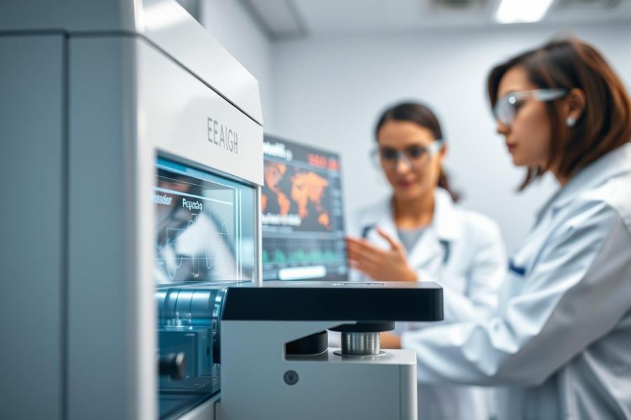 Scientists in lab coats examine a complex medical device displaying data and a world map. The modern laboratory setting features white walls and advanced technology, suggesting research or diagnostics. Focus is on precision and scientific exploration.